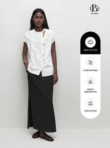 BizChic Women's Summer Casual Solid Color Hollow Out Ruffle Hem Business Leisure Shirt