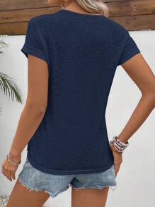 SHEIN Frenchy 女款夏季水果印花圆领蕾丝短袖休闲T恤，柠檬印花，黄色T恤，秋装，老钱风，教师装，时尚，返校服，夏季白色休闲刺绣T恤，小柠檬刺绣T恤，适合日常通勤度假居家装，女款短款露脐上衣T恤，带水果印花圆领 - 藏蓝色 - 查看 2