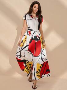 Anewsta Abstract Print Dress For Summer Vacation - Red and White - View 5
