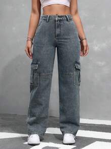 SHEIN EZwear 女款休閒鬆身牛仔褲，附帶口袋 - 深色水洗藍 - 查看 5