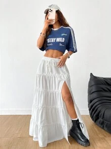 Coolane 女士夏季街头风超长蛋糕裙，带侧开衩和口袋设计，音乐节服装 - 白色 - 查看 4