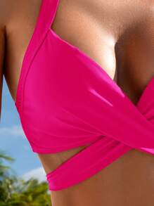 SHEIN Swim Conjunto de bikini sexy de cuello de halter de unicolor con conjunto de bikini separado, playa de verano