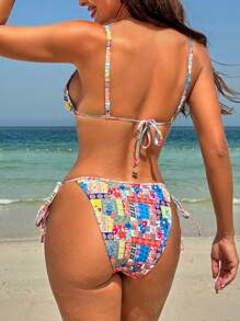 SHEIN Swim Women Triangle Bikini Top And Strap Swim Bottom Set(Random Print) Summer - Multicolor - View 2