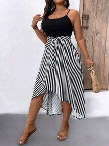 EMERY ROSE 大码女式时尚条纹设计不对称下摆连衣裙长款女装 - 黑與白 - 查看 6