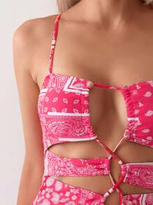 SHEIN Swim 女士夏季沙滩连体泳衣，全身印花，镂空，后背系带，性感 - 玫紅色 - 查看 4