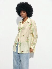 Maija Women's Embroidery Long Sleeve Simple Casual Shirt, Back To School Autumn - White - View 6