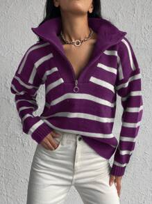 SHEIN Cottnline 女士半拉鍊條紋毛衣套頭衫 - 紫色 - 查看 6