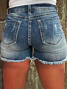 Pantalones cortos de jean ajustados con dobladillo deshilachado y bordado de estrella de cinco puntas de estilo Y2K para mujer en verano - Lavado ligero - Ver 2