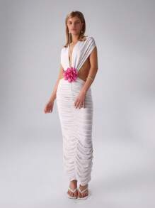 MUSERA Vestido largo floral fruncido y escurridizo, vestido largo elegante de verano sexy y lindo para graduación y baile de promoción - Blanco - Ver 3
