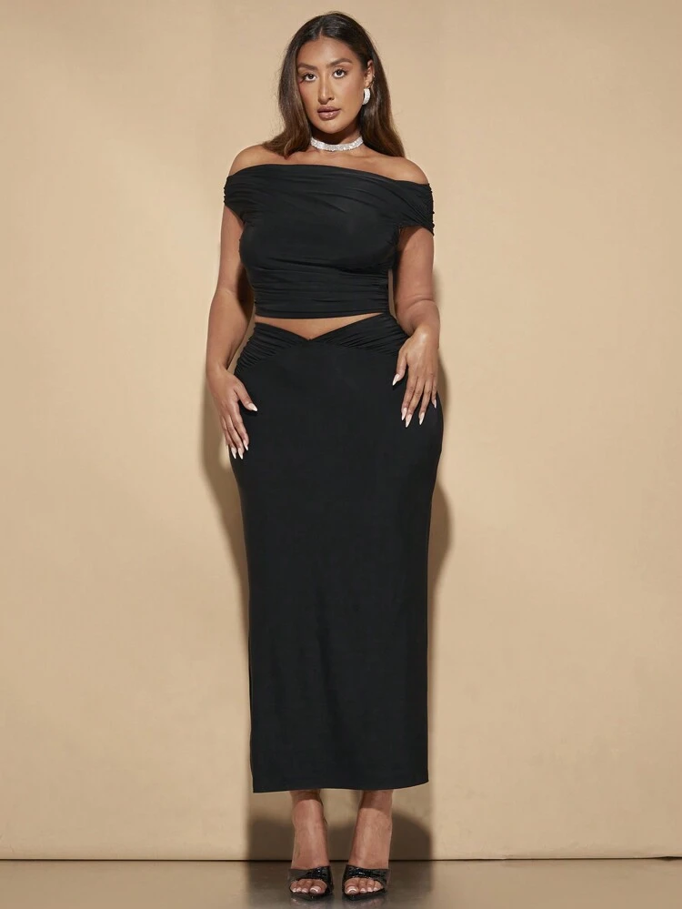 Plus Size Women's Elegant Knit Stretch Asymmetrical Neckline V-Design Split Skirt Two-Piece Set For Summer Dating