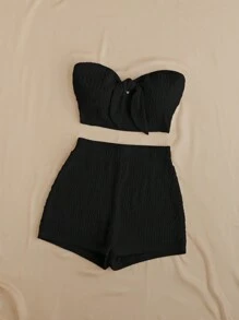 Soleia Summer Solid Texture Bandeau Top And High-Waisted Shorts Casual Vacation Two Pieces Set - Black - View 3