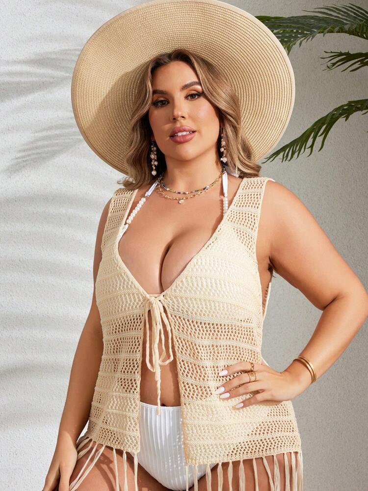 Plus Size Women's Hollow Out Solid Color Front Tie Tassel Hem Sleeveless Kimono For Vacation,Summer Beach