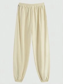 SHEIN EZwear 女式字母印花條紋捆綁口袋休閒運動長褲，配有條紋罩邊綁帶和插口袋 - 米色 - 查看 2