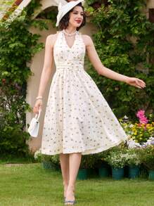 Vintamour Vintage Elegant Women's Dress, Ditsy Floral Pleated Yellow Dress With Halterneck And Umbrella-Shaped Hem, For Spring/Summer Cottagecore Dress Yellow Dress Summer Dress Country Concert Outfit Floral Dress Graduation Outfit Hawaiian Teacher Clothes Yellow Dress Long Women Dresses Cottagecore - Yellow - View 1