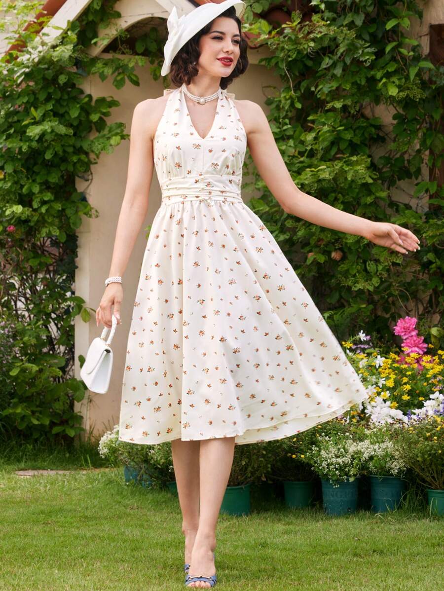 Vintamour Vintage Elegant Women's Dress, Ditsy Floral Pleated Yellow Dress With Halterneck And Umbrella-Shaped Hem, For Spring/Summer Cottagecore Dress Yellow Dress Summer Dress Country Concert Outfit Floral Dress Graduation Outfit Hawaiian Teacher Clothes Yellow Dress Long Women Dresses Cottagecore - Yellow - View 1