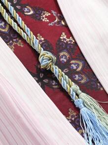 FRIFUL Japanese Style Striped & Printed Yukata With Woven Obi Belt And Tassel Waistband Set, Upgraded Version