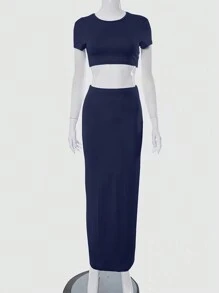 INAWLY Solva Women's Round Neck Simple Solid Color Short-Sleeved Top And Skirt Set, Summer - Navy Blue - View 6