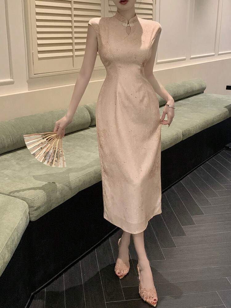 Elegant New Chinese Style Floral Printed Cinched Waist Dress For Summer Sundress