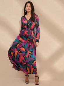 Anewsta Women's Vacation Style Colorful Printed Long Sleeve V-Neck Dress - Multicolor - View 6