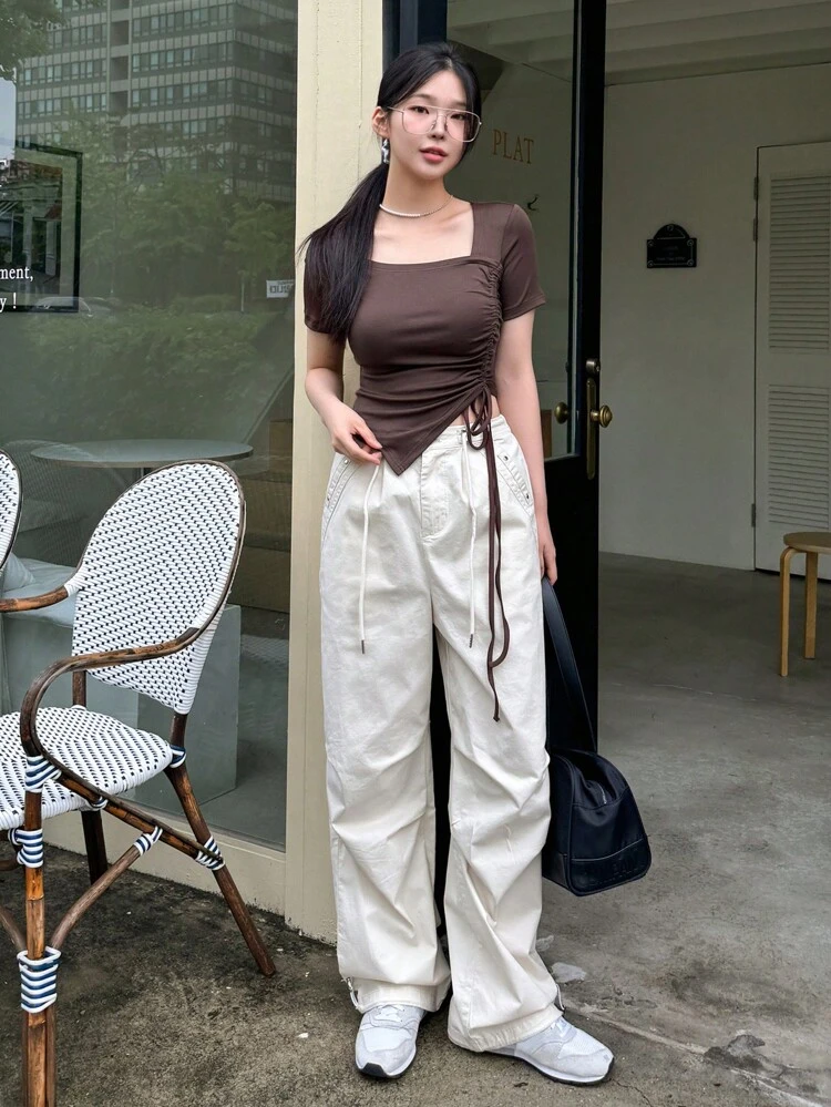 Women's Summer Solid Color Short Sleeve Asymmetrical Neckline Casual T-Shirt With Front Drawstring