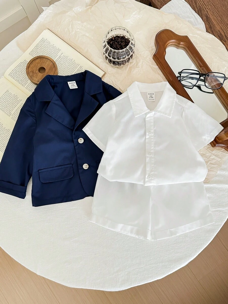 SHEIN Baby Boy Solid Color Short Sleeve Polo Shirt, Shorts, And Jacket Set Suitable For Formal Occasions Such As Weddings, Banquets, 1st Birthday Celebrations