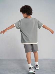 SHEIN Tween Boys' Knitted Patchwork Letter Print Loose Fit T-Shirt With Pocket - Multicolor - View 2