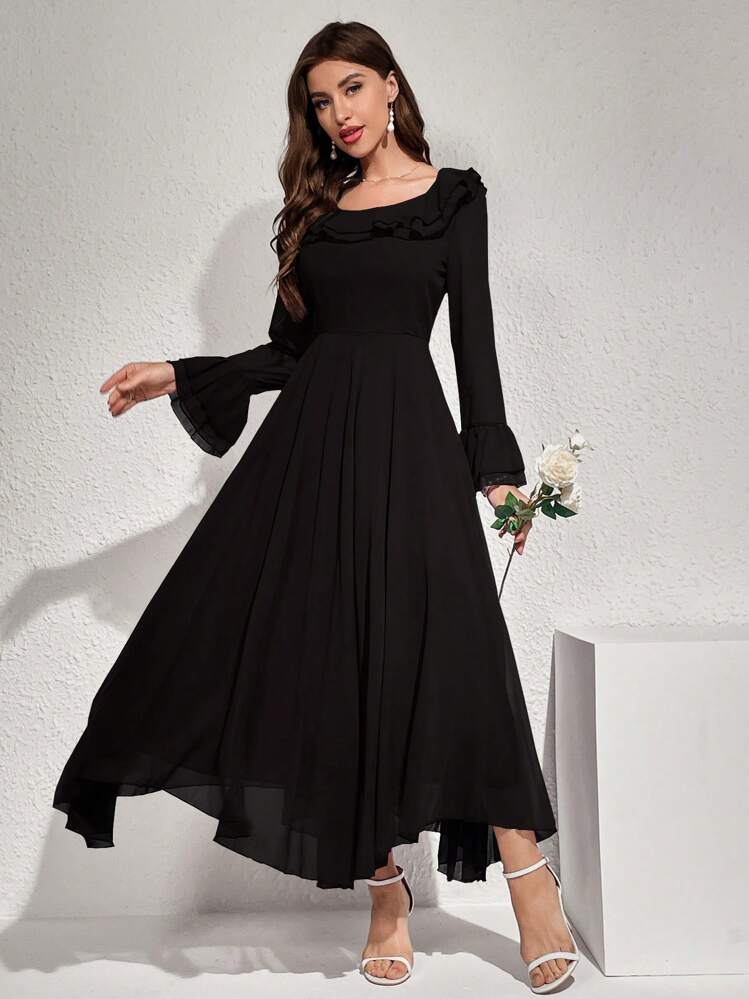 Modelyn Women's Solid Color Long Sleeve Ruffle Hem Elegant Summer Dress Maxi Women Outfit Long Evening Dresses Fall Cloth For Women - Black - View 5