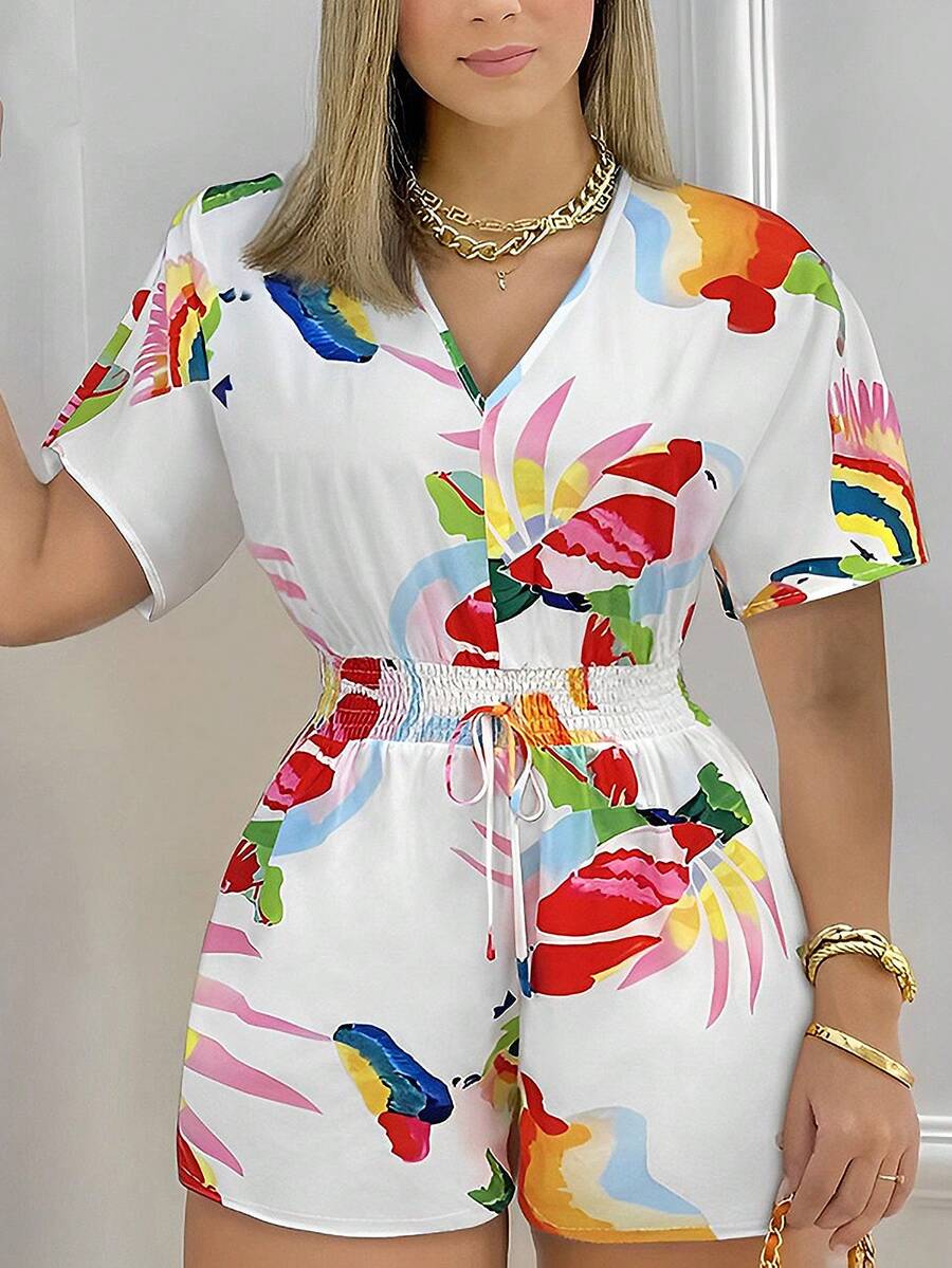 Mono fruncido con cordón, mangas cortas, verano - Blanco - Ver 1