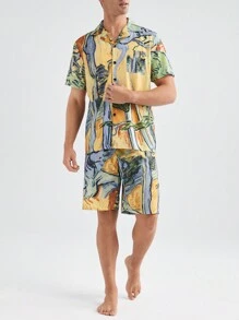Men's Summer Random Print Short Sleeve Shorts Home Wear Set - Yellow - View 9