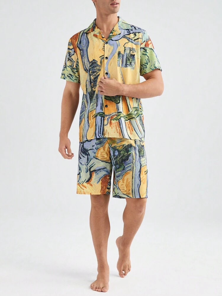 Men's Summer Random Print Short Sleeve Shorts Home Wear Set