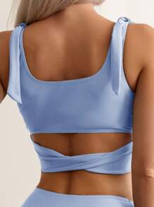 SHEIN Swim Women Tankinis Simpul Plain Casual - Biru - View 3