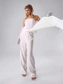 MUSERA Mono de pierna ancha con drapeado tejido, elegante para graduación, baile de graduación, invitado de boda, verano, primavera, fiesta de boda, casual - Blanco - Ver 3
