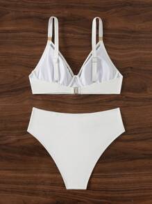 SHEIN Swim 女士夏季海灘純色荷葉邊性感比基尼套裝 - 白色 - 查看 4