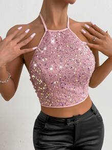 Allurite Top brillante sin espalda con ataduras en la espalda para mujer, perfecto para festivales de música en verano y ropa para fiestas de vacaciones