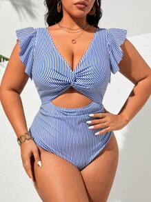 Swim Lushoire Plus Size Striped And Printed V-Neck One-Piece Swimsuit With Twist Knot, Ruffles, And Pleats Summer