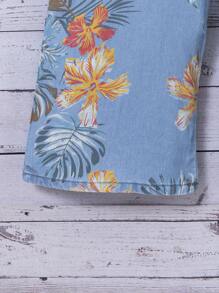 SHEIN Young Girl Blue Denim Effect Jumpsuit With Floral Pattern - Light Wash - View 4