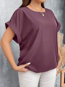 SHEIN LUNE Áo sơ mi denim cổ tròn rộng rãi cỡ lớn màu xanh lam đơn giản thường ngày có vai trễ - Màu Hồng Tươi - Xem 4