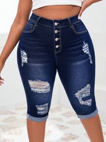 SHEIN SXY Plus Size Distressed Cropped Jeans With Frayed Hem And Whiskering - Navy Blue - View 5