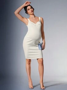 MaterniChic Maternity Casual And Comfortable Round Collar Shoulder Strap Tight Knit Knee-Length Dress, For Young And Mature Women - Apricot - View 3