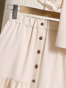 青少年女孩夏季花卉印花短袖泡泡上衣和荷叶边下摆短裙休闲两件套，适合度假、夏季、旅行 - 杏色 - 查看 4