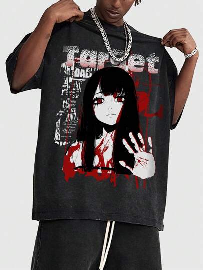 Anime Men's Short Sleeve Anime Character Print T-Shirt, Distressed Snow Washed Tee, Streetwear Vintage Style