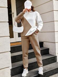 SHEIN Cottnline Women's Color Block Hoodie And Pants Tracksuit Set - Beige - View 3