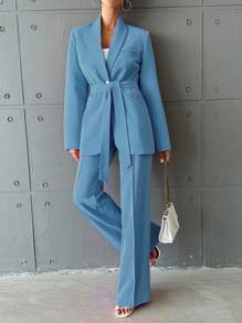 EURMUSE 女式純色簡約日常套裝 - 淺藍色 - 查看 3