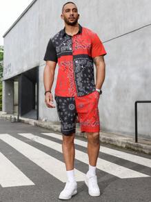 Manfinity Roughcore Men's Plus Size Vacation Style Printed Color Block Short Sleeve Shirt And Shorts Set - Black - View 3