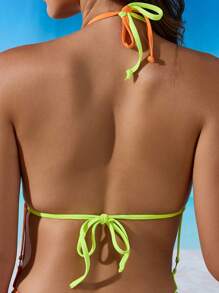SHEIN Swim Traje de baño de una pieza con bloqueo de color, corte lateral, espalda con escote halter y cuello de verano