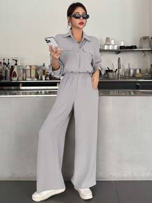DAZY 女士简约纯色日常两件套，秋季家居服套装 - 淺灰色 - 查看 4