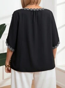 加大碼圓領分袖簡約夏季襯衫 - 黑色 - 查看 2