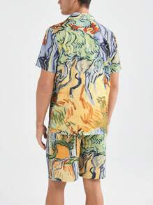 Men's Summer Random Print Short Sleeve Shorts Home Wear Set - Yellow - View 2