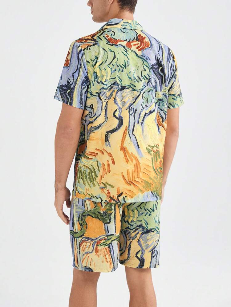 Men's Summer Random Print Short Sleeve Shorts Home Wear Set