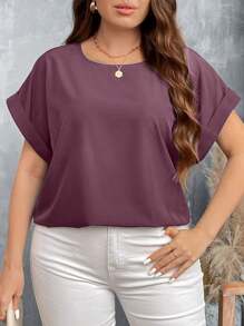 SHEIN LUNE Áo sơ mi denim cổ tròn rộng rãi cỡ lớn màu xanh lam đơn giản thường ngày có vai trễ - Màu Hồng Tươi - Xem 3